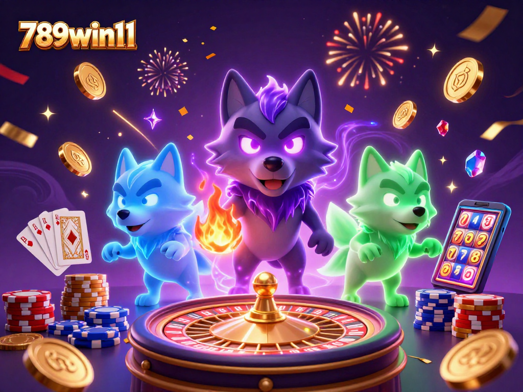 Experience the excitement of 789win11 with lively animated wolves amidst cascading coins in a casino setting.