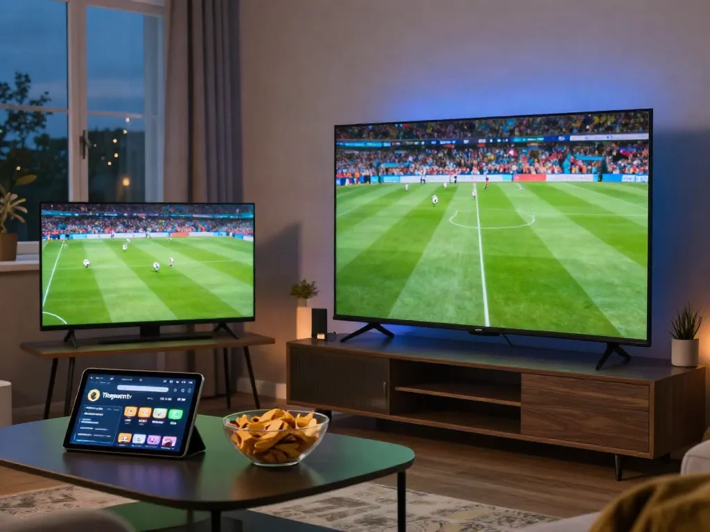 A sports fan enjoying thập cẩm tv in a cozy living room with snacks and bright LED lighting.
