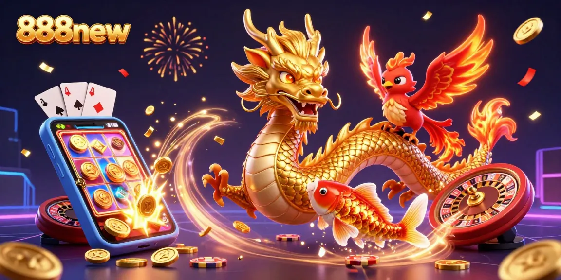 Experience thrilling gameplay with 888new as the dragon and phoenix celebrate winning moments amidst coins.