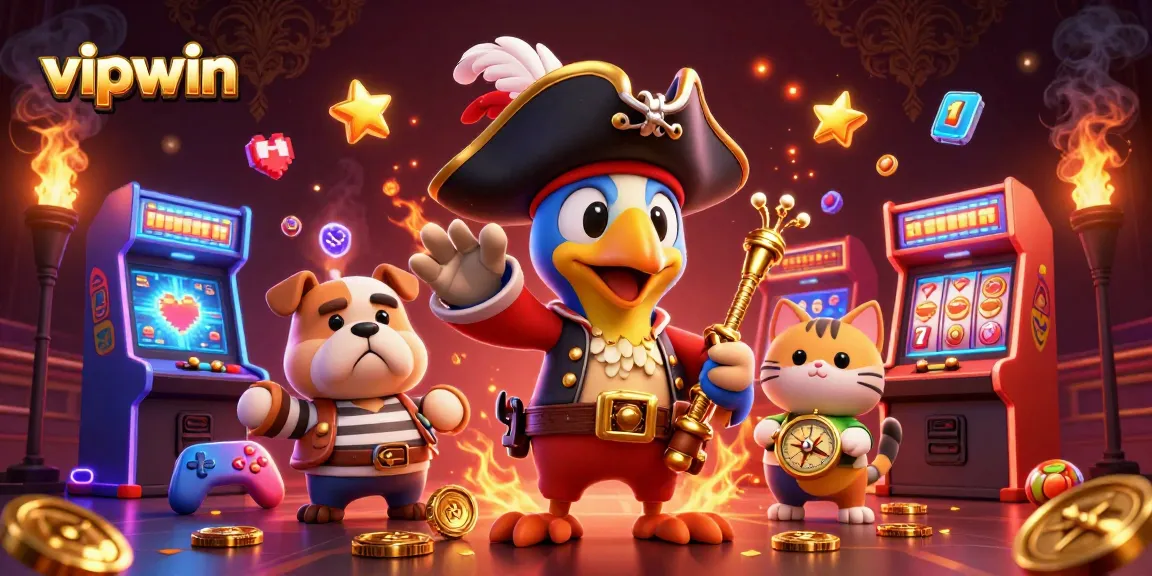 Experience thrilling wins at vipwin with a dynamic 3D casino-themed illustration showcasing vibrant gaming elements and characters.