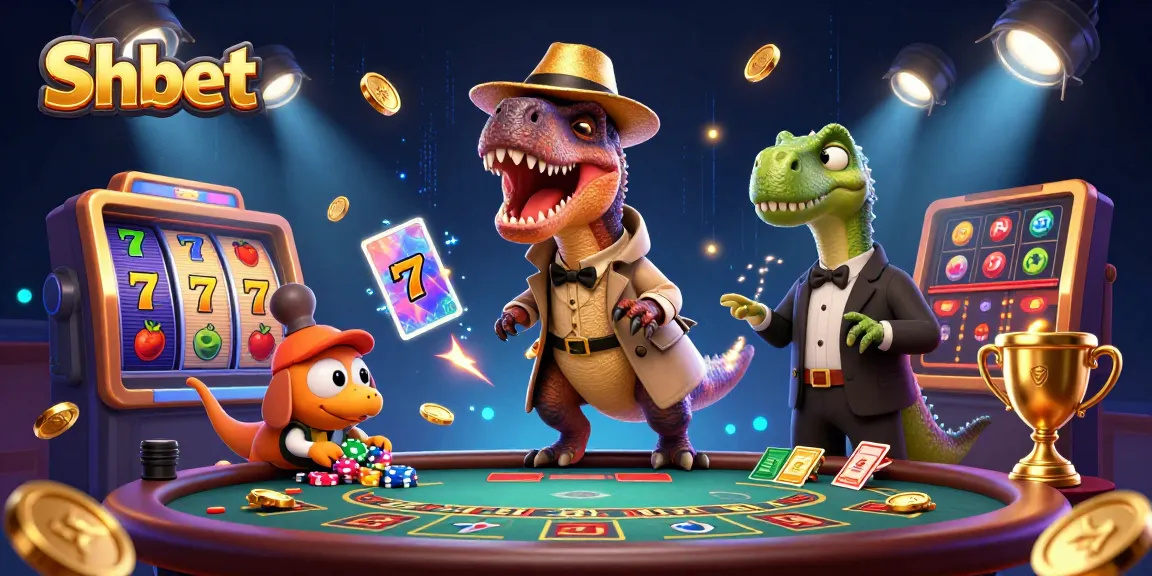 Experience Sh bet with a thrilling 3D casino scene showcasing a velociraptor card counter amidst slot reels and casino elements.
