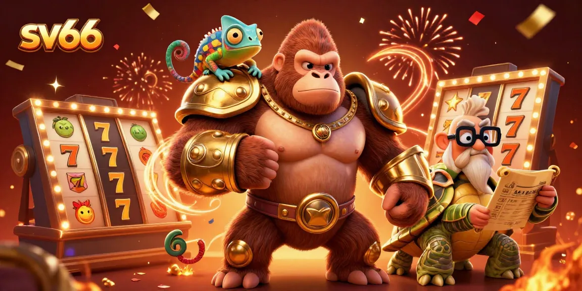 Experience the excitement of sv66 with a vibrant casino scene featuring dynamic slot reels and lively characters.
