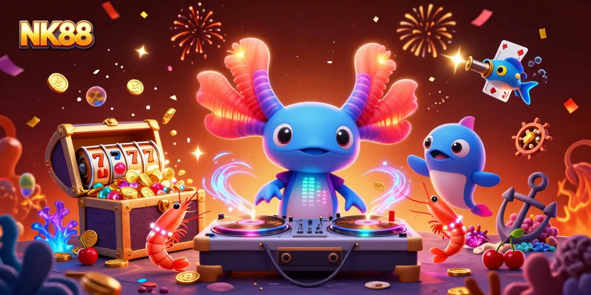 Experience the excitement of NK88 with a vibrant casino-themed illustration featuring dynamic gambling elements.