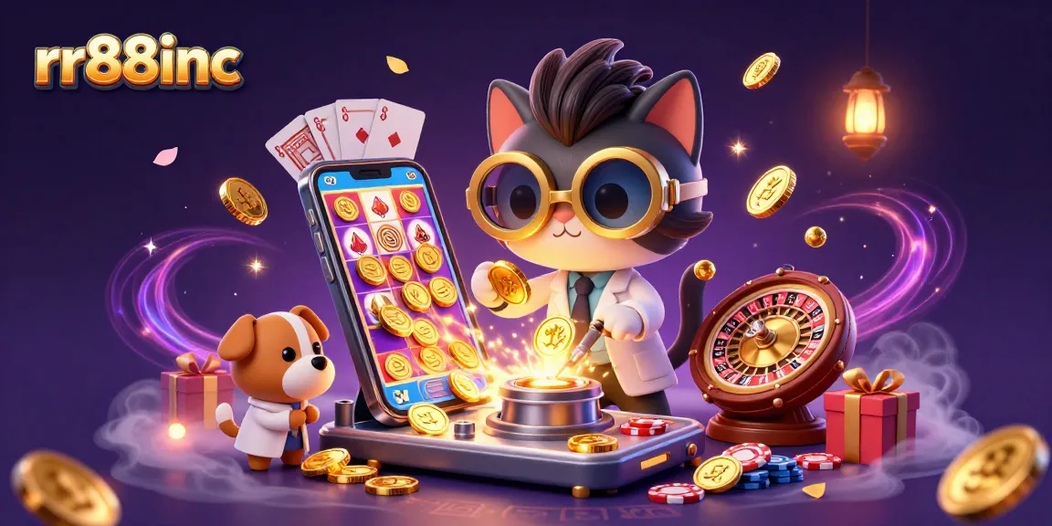 Experience thrilling gameplay at rr88inc with this vibrant 3D casino scene illustrating slot games and jackpots.