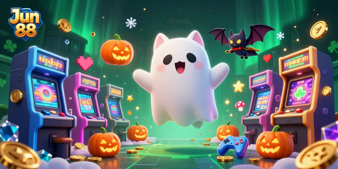 Join the fun at Jun 88 with vibrant slot machines and friendly ghost cat characters.