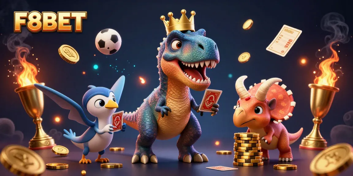 F8BET showcases a vibrant casino scene with a T-Rex shuffling cards and a triceratops stacking chips.