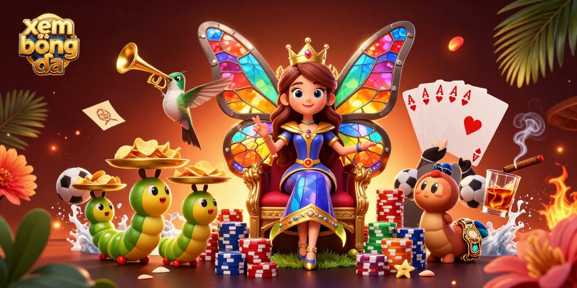 Xem bóng đá in a lively sports betting scene with a vibrant butterfly queen and dynamic elements.