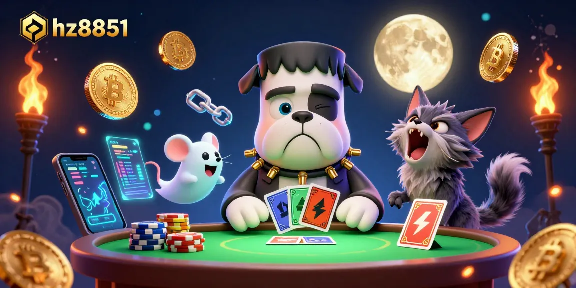 Play exciting games at hz8851 with a vibrant illustration of a bulldog dealer, crypto coins, and joyful characters.