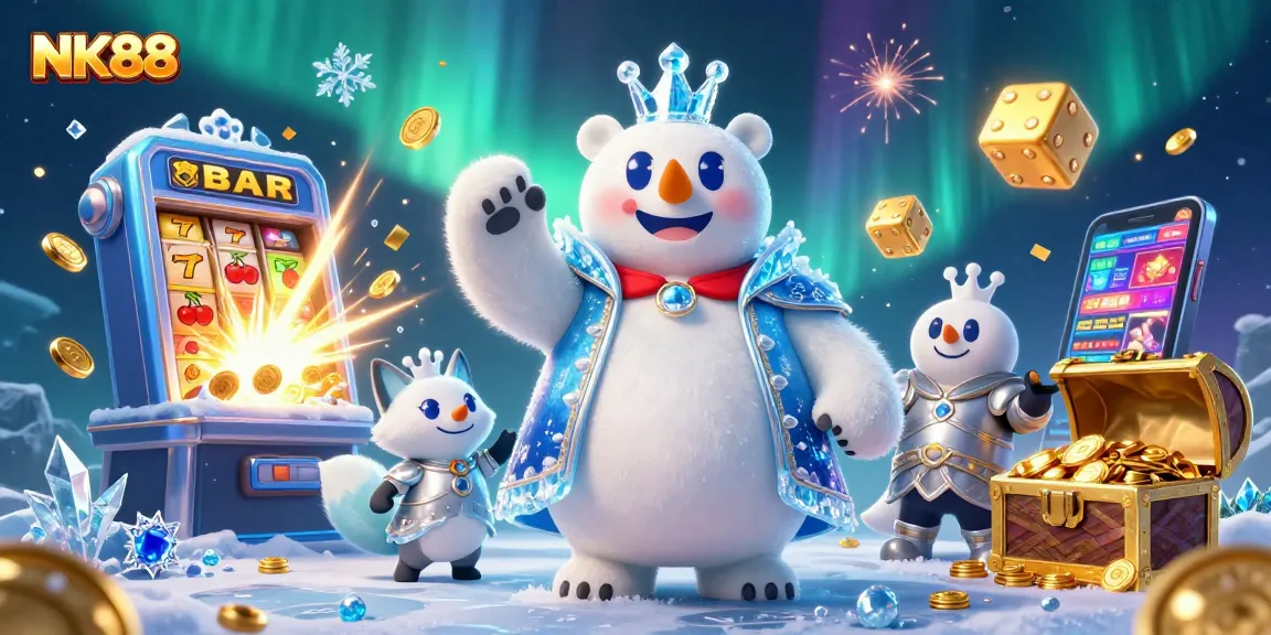 Join NK88's thrilling casino adventure with a snowy king and fox amid slot machine riches!