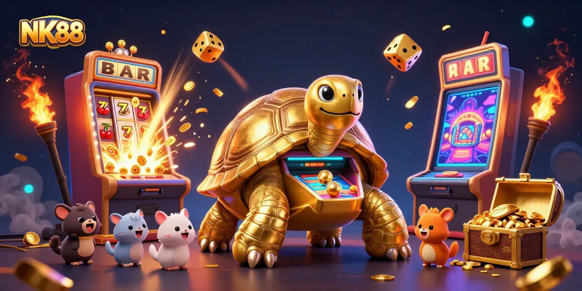 Experience thrilling NK88 gaming with a vibrant, colorful 3D casino illustration, full of excitement.