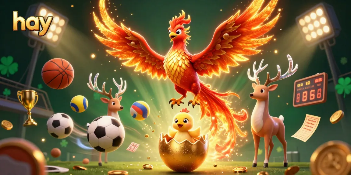 Experience the excitement of betting with hay as a 3D phoenix and sports elements create a vibrant scene.