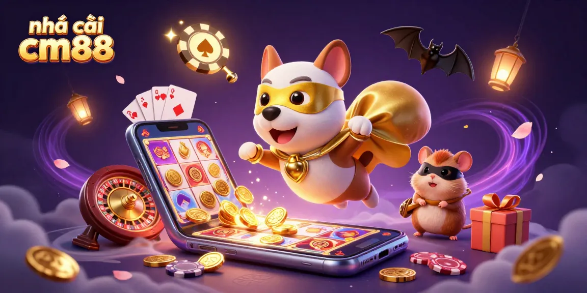 Engage with nhà cái cm88 in an epic gaming scene featuring a superhero dog and vibrant casino elements.