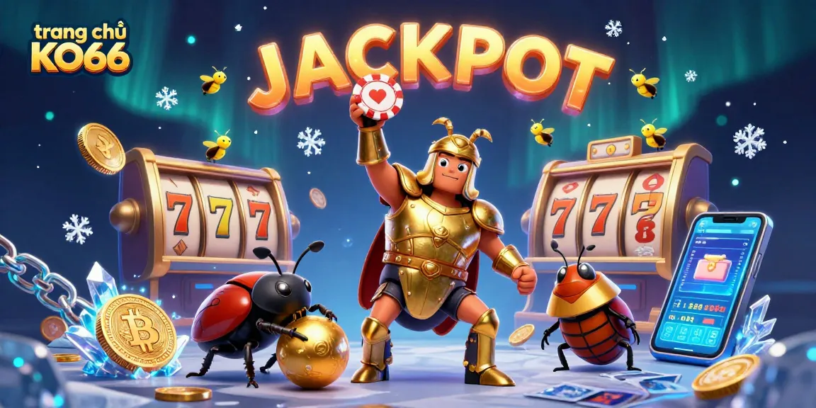 Experience thrilling wins at trang chủ KO66 with vibrant characters celebrating a jackpot win amidst casino games and crypto elements.