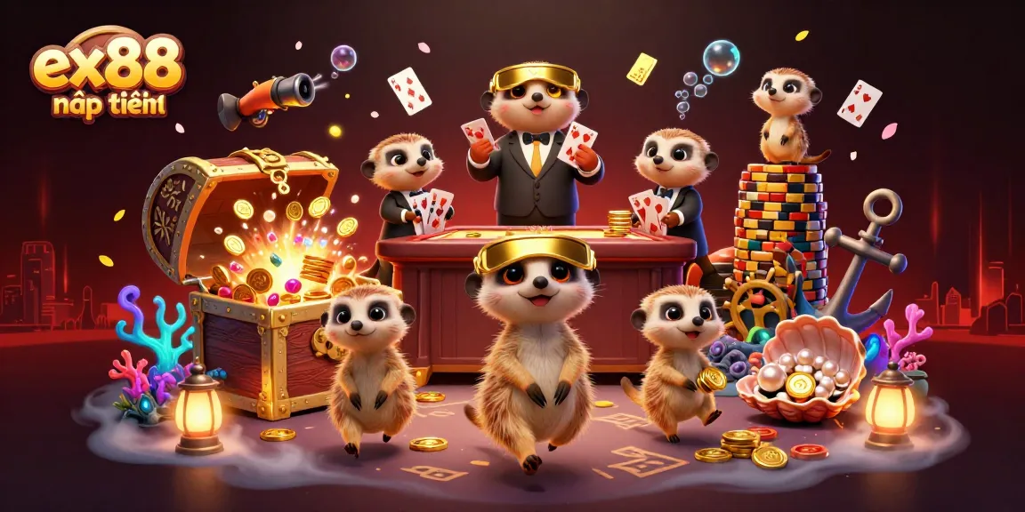 Experience gaming excitement at ex88 nạp tiền with animated meerkats running a vibrant casino operation.