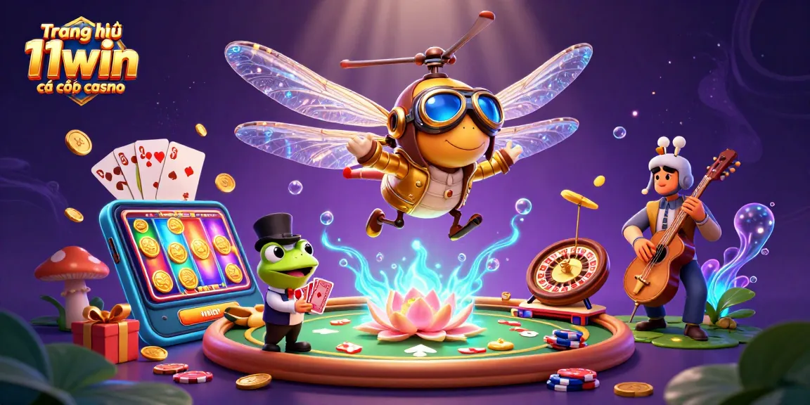 Experience exciting gaming at Trang chủ 11win cá cược casino with dragonfly pilot and frog croupier.