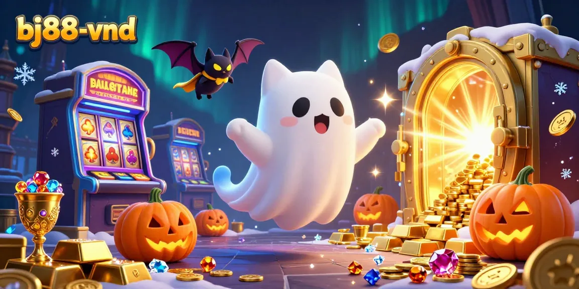 Experience the thrilling atmosphere of bj88-vnd with a floating ghost cat at a haunted casino.