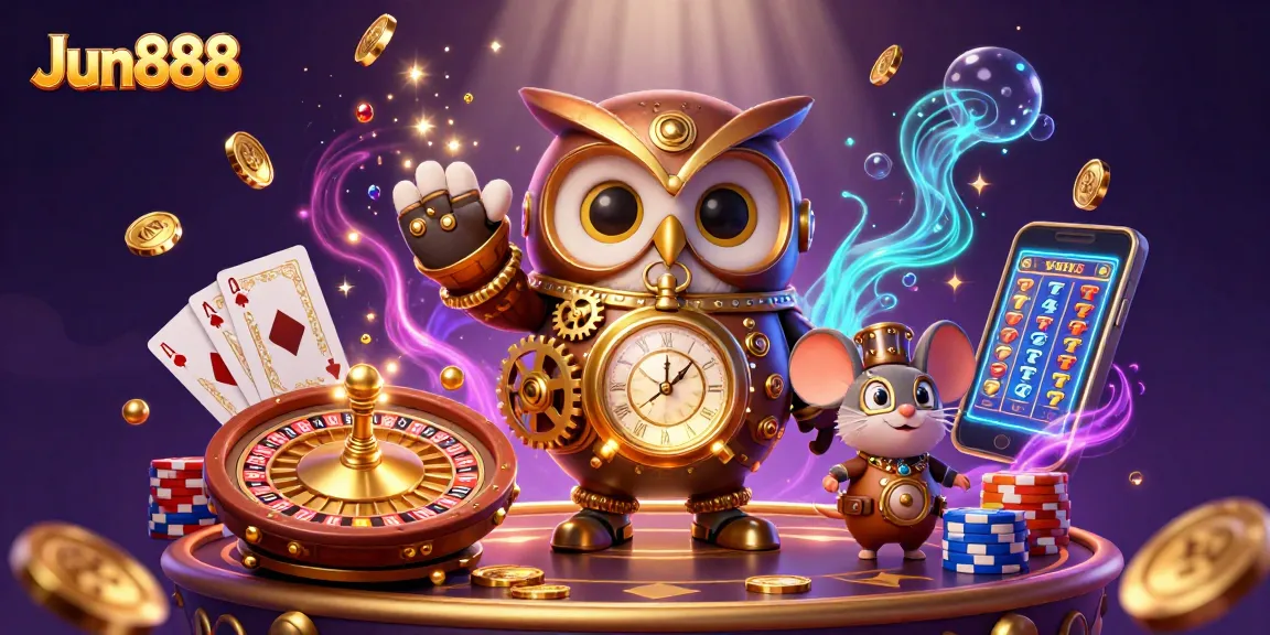 Experience thrilling casino action with Jun888 featuring an owl and mouse amidst vibrant gaming elements.
