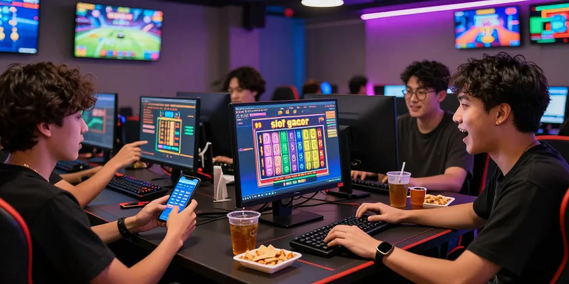 Exciting online gaming moment with slot gacor game and friends sharing tips in a modern lounge