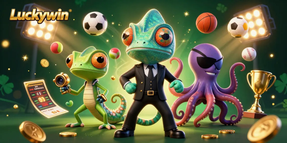 Interact with Luckywin in a vibrant 3D casino scene filled with dynamic sports elements and characters.