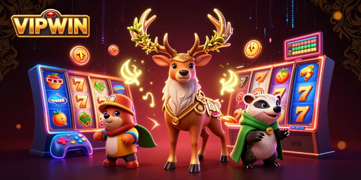 Engage with VIPWIN's vibrant slot games featuring Celtic characters and dynamic elements in an immersive casino scene.
